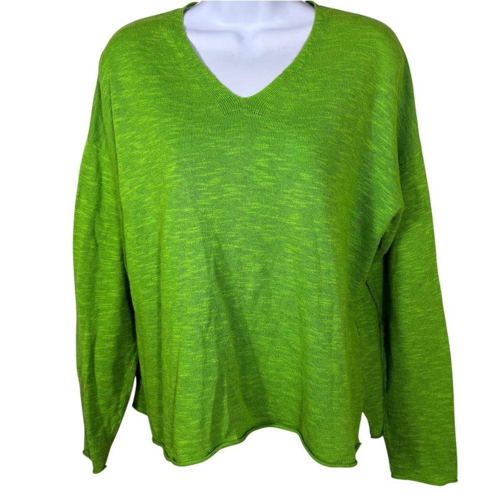 Eileen Fisher Organic Linen-Cotton V-Neck Sweater Lime Green Womens S Oversized